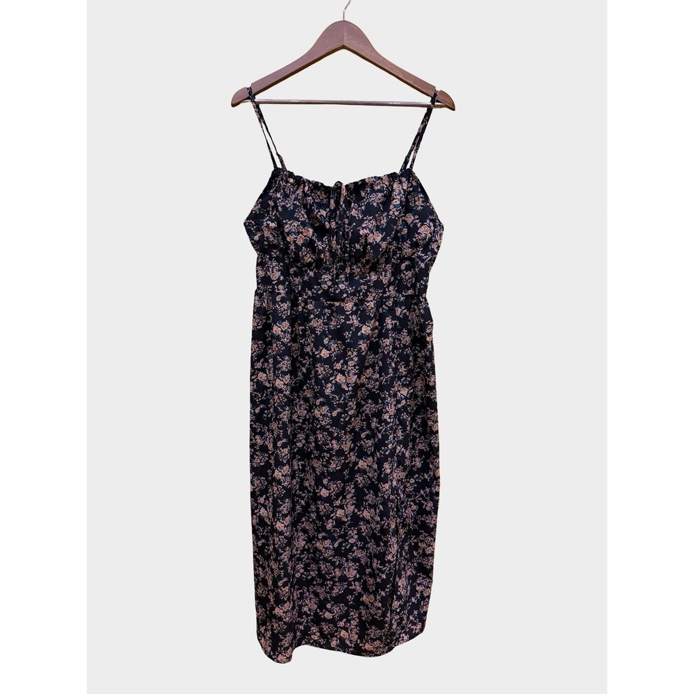 Shein Black Floral Midi Dress Smocked Back Tie Front 1XL Cottagecore Boho - Picture 2 of 10